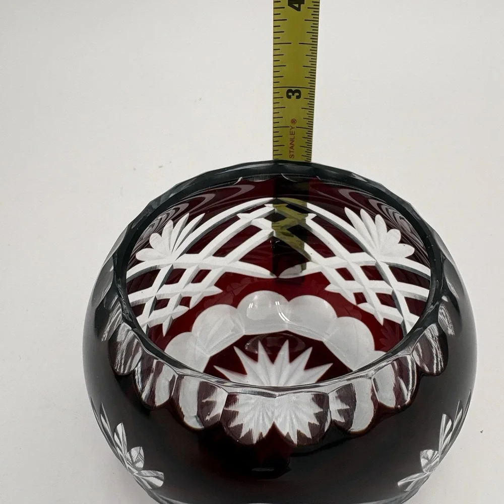Bohemian Crystal Cut Clear Red Cranberry Votive‎ / Small Flower Design Bowl